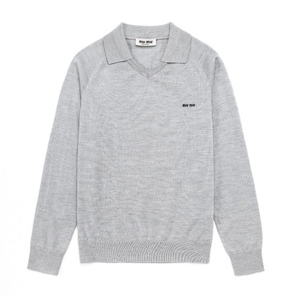 MM Unisex Wool Polo Sweater in Light Grey & Navy Blue