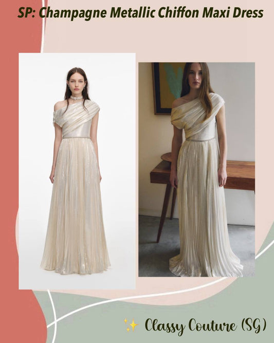 SP Champagne Metallic Chiffon One Shoulder Maxi Dress
