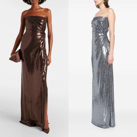 AP Sequined Gathered Strapless Gown Maxi Dress