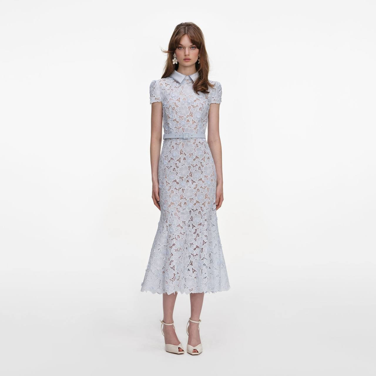 SP Blue Lace Guipure Collar Belted Midi Dress