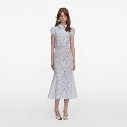SP Blue Lace Guipure Collar Belted Midi Dress