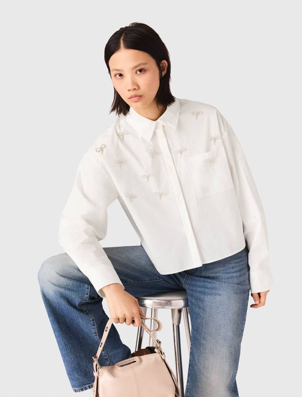 MJ Cineuli Jewel Bow Cropped Long Sleeve Shirt