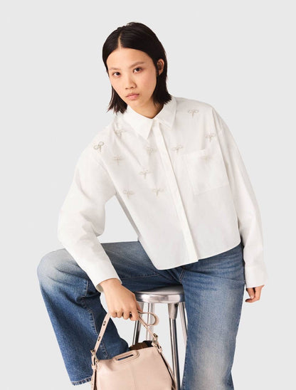 MJ Cineuli Jewel Bow Cropped Long Sleeve Shirt