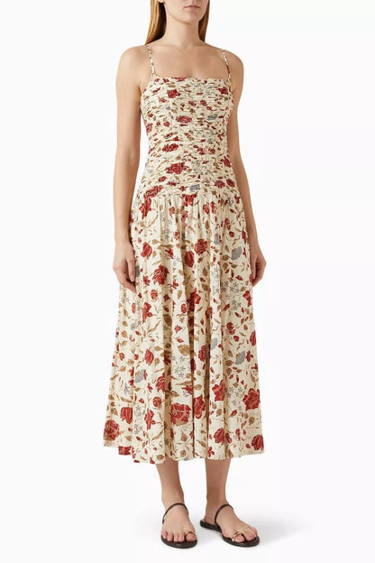 Ref Azure Cotton-viscose Shirred Drop Waist Midi Dress