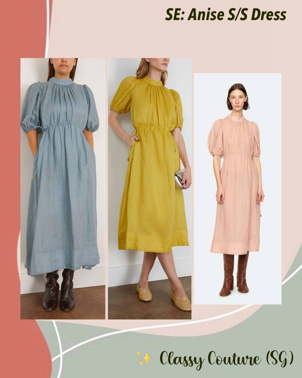 SE Anise S/S Short-Sleeved Ramie Puff Midi Dress (with detachable cotton slip)