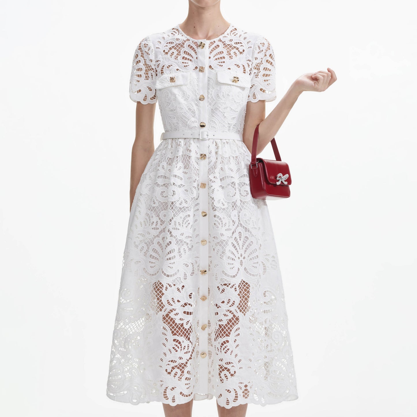 SP White Cotton Lace Button Midi Dress