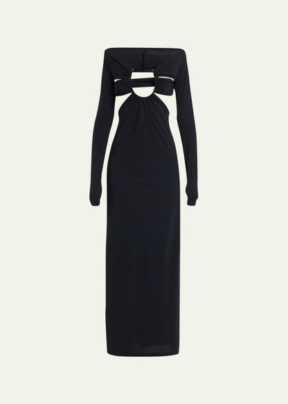 CE Odessa Ruched Prong Long Sleeve Cutout Jersey Maxi Dress