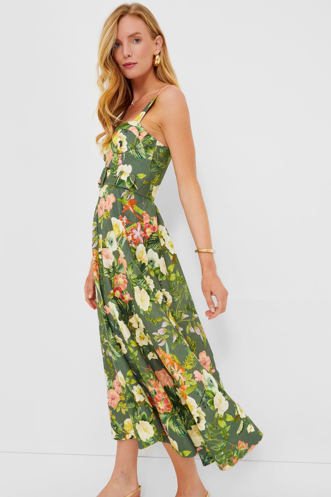 CC Calypso Linen Midi Dress Olive Kingston Floral