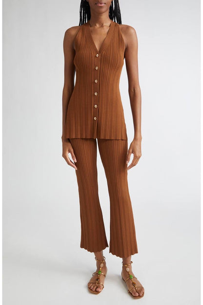 VB Dax Seashell Knit Vest | Massaro Pants | Viscose-blend Dark Whiskey Set