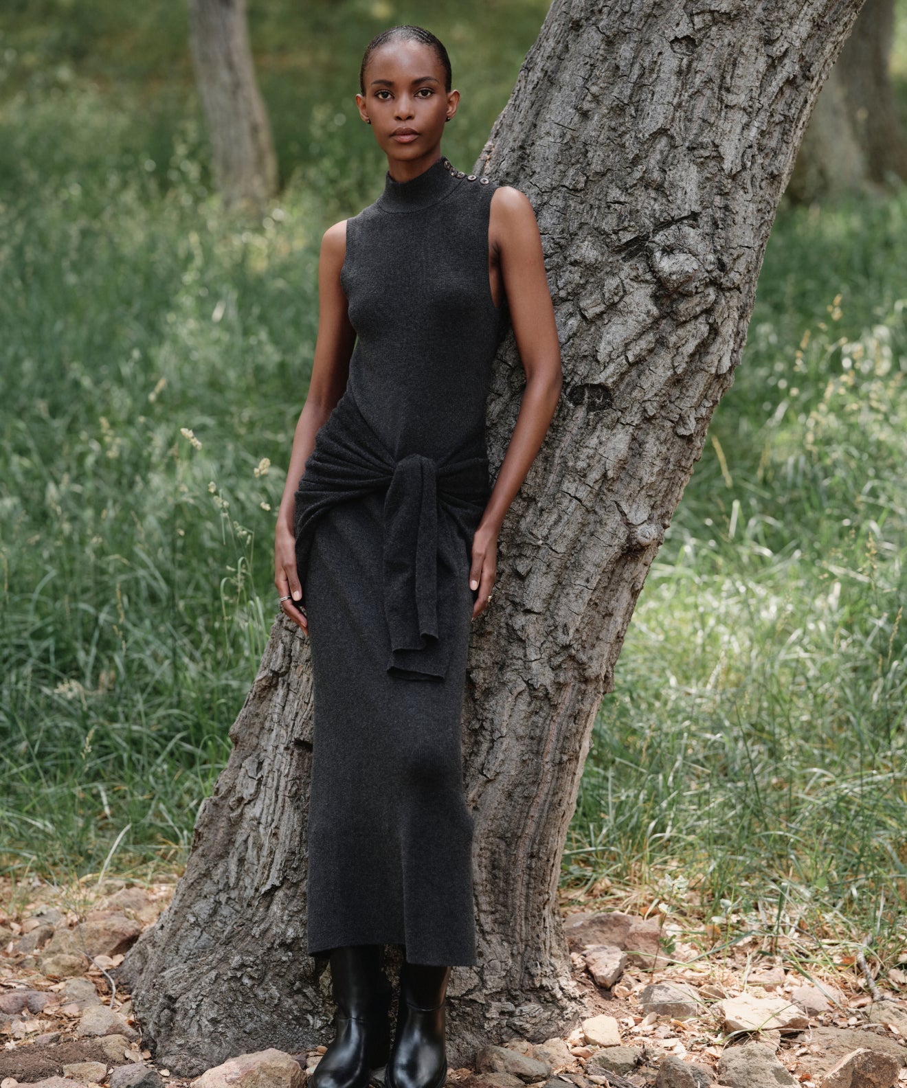 JK Celia Cotton-cashmere blend Sweater Sleeveless Midi Dress in Charcoal