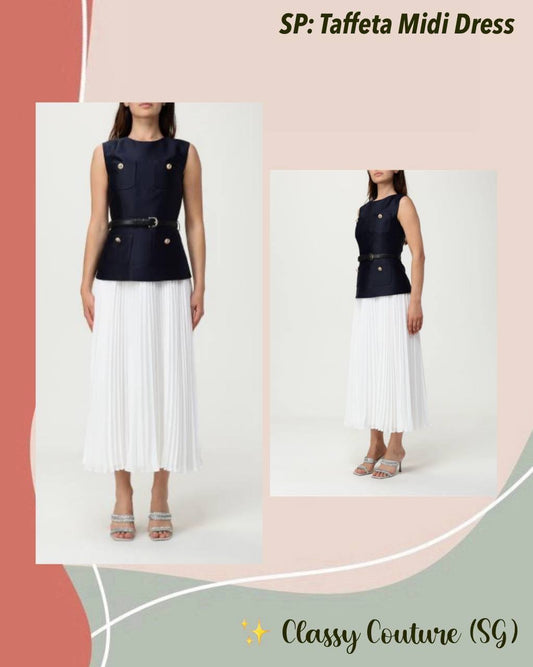 SP Navy & White Boucle Sleeveless Taffeta Pleated Midi Dress