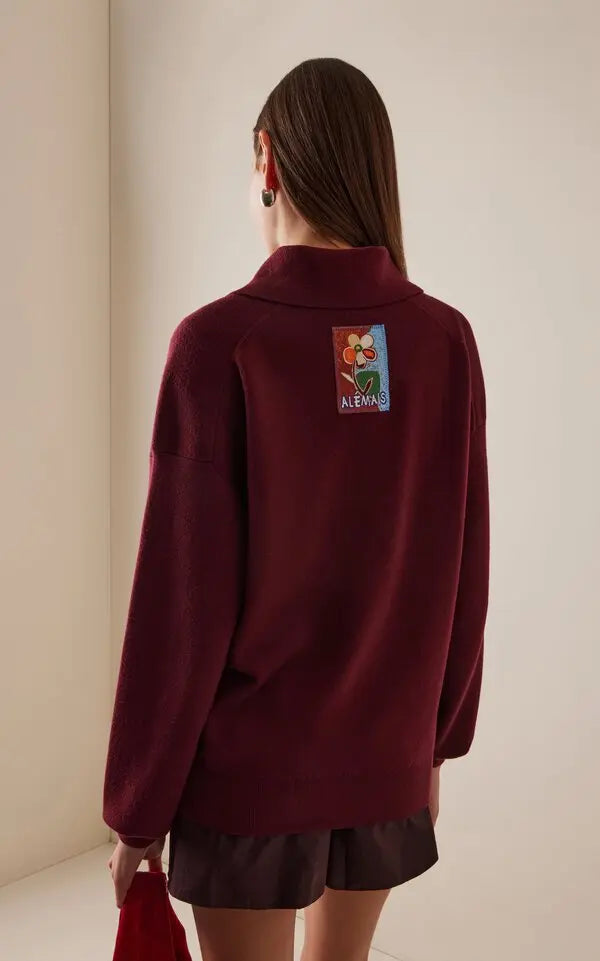 ALM035 Plum & Blue Retro Patch Knitted Wool Polo Shirt Sweater