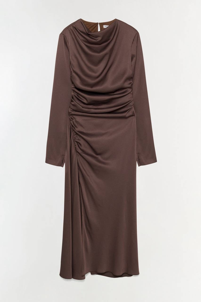 SK Odessa Ruched Long Sleeve Satin Midi Dress in Chocolate brown