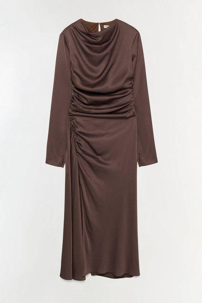 SK Odessa Ruched Long Sleeve Satin Midi Dress in Chocolate brown