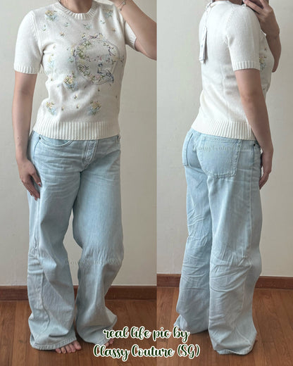 DR Cream Short-Sleeved Floral Embroidered Cashmere-wool Fine Knit Sweater Top