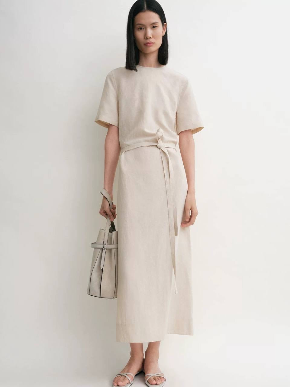 Tot Fluid Short Sleeved Tie Waist Shirtdress Lyocell-Linen Midi Dress