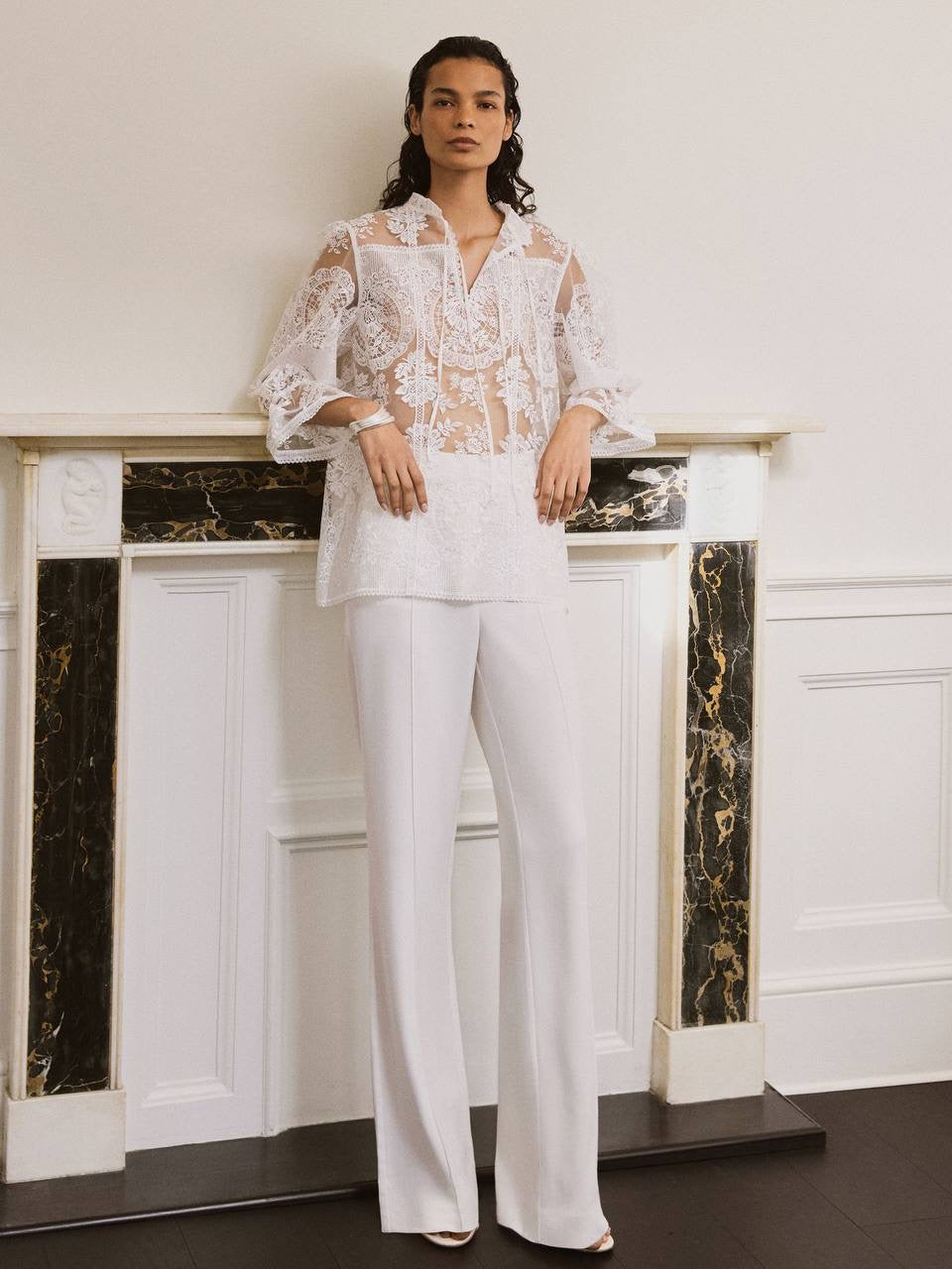 RS Demi Sheer Lace Tie-Neck Blouse Top