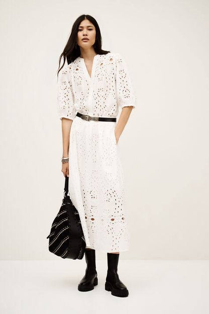 BA Bela Embroidered Eyelet Flared Organic Cotton Midi Skirt