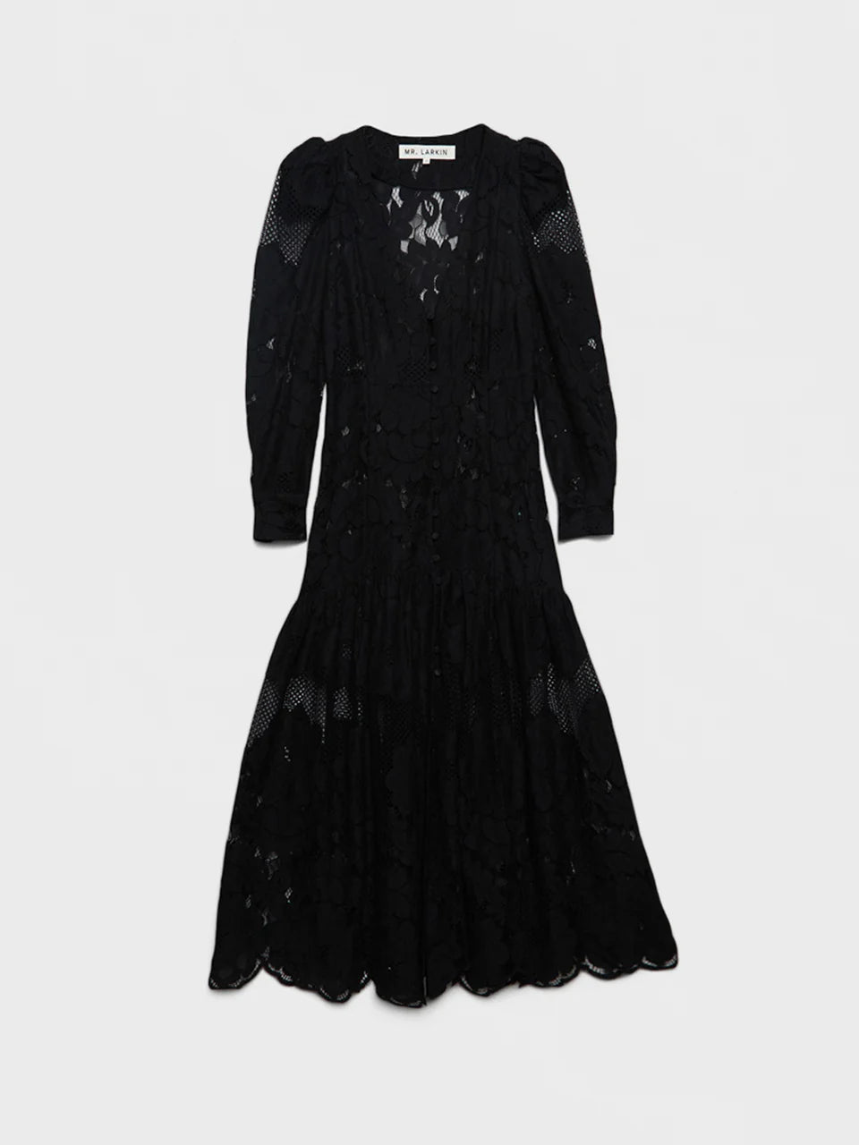 ML Penny Sheer Long Sleeve Cotton-Blend Lace Midi Maxi Dress in Black