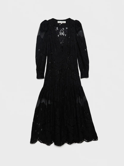 ML Penny Sheer Long Sleeve Cotton-Blend Lace Midi Maxi Dress in Black