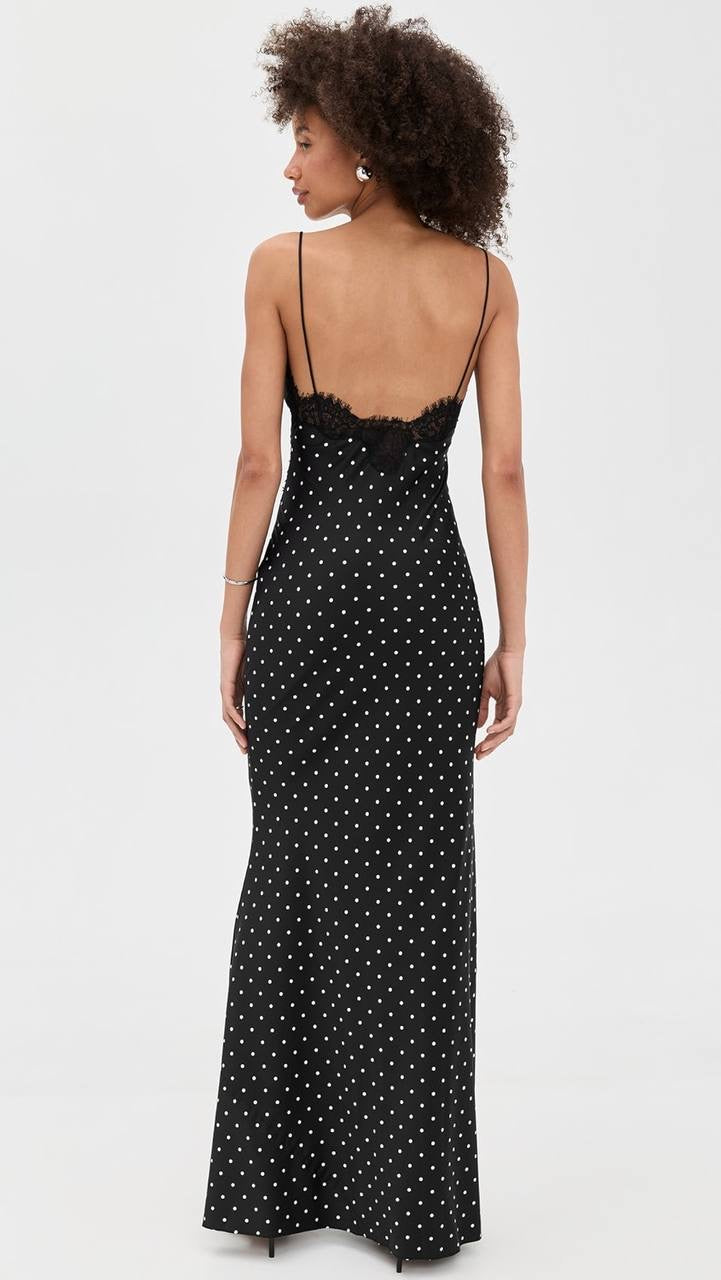 SP Polka Dot Satin Lace Strappy Maxi Dress