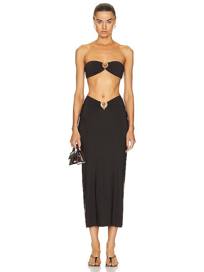 CE Brown Orbit Bikini Top | Ruched Jersey Midi Skirt | Set