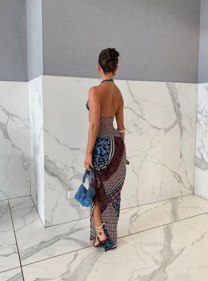 BN Marnie Halter Plunge Maxi Dress in Terra Mosaic Print