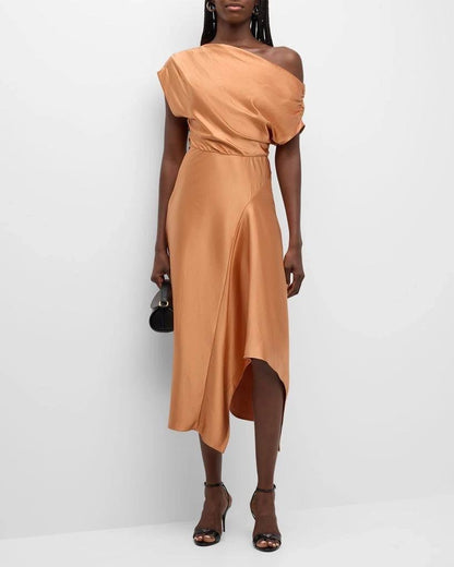 ALC Jasmine Ruched One Shoulder Satin Midi Dress