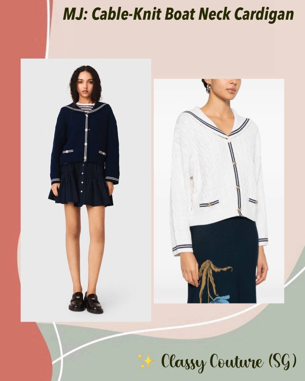 MJ Mirayalo Wool Cable-Knit Sailor Boat Neck Cardigan