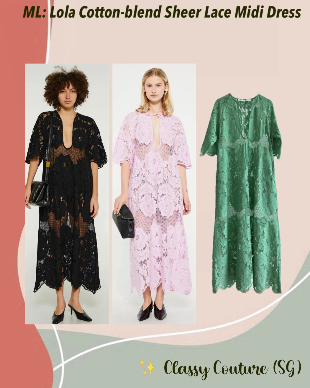 ML Lola Cotton-blend Sheer Lace Short Sleeve Midi Dress