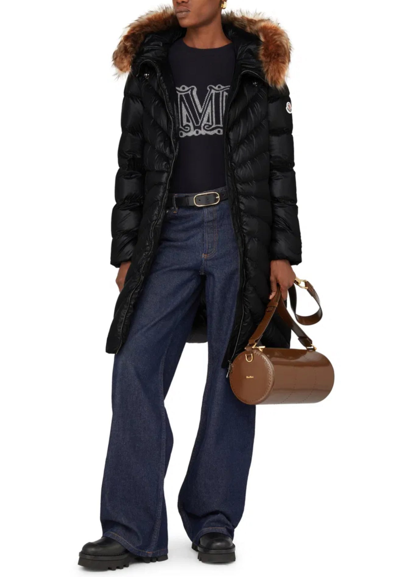 MC Chandre Long Down Puffer Jacket Coat With Removable Shearling Trim in Black