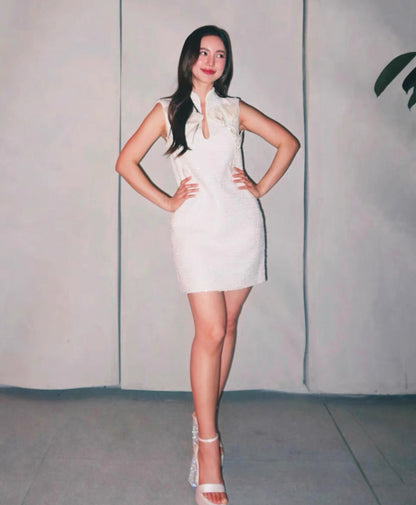 SP Cream Boucle Flower Motif Mini Dress