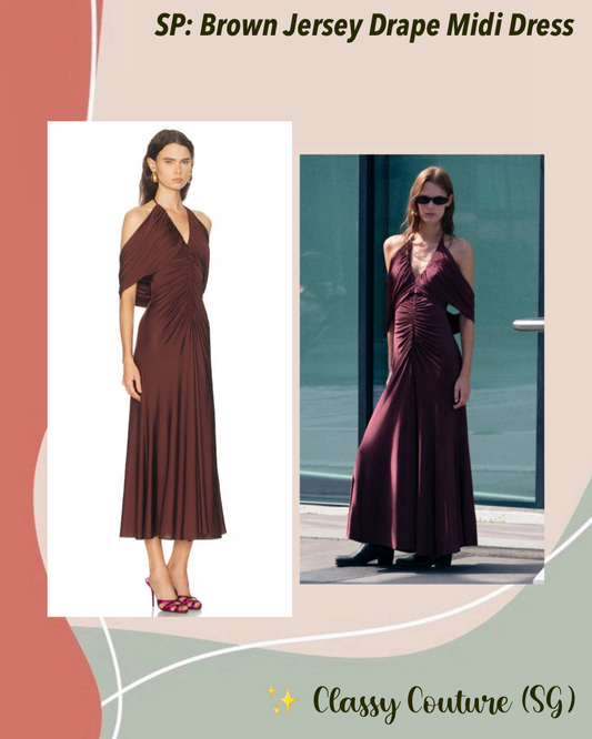 SP Brown Jersey Halter Off-Shoulder Drape Viscose-Blend Midi Dress