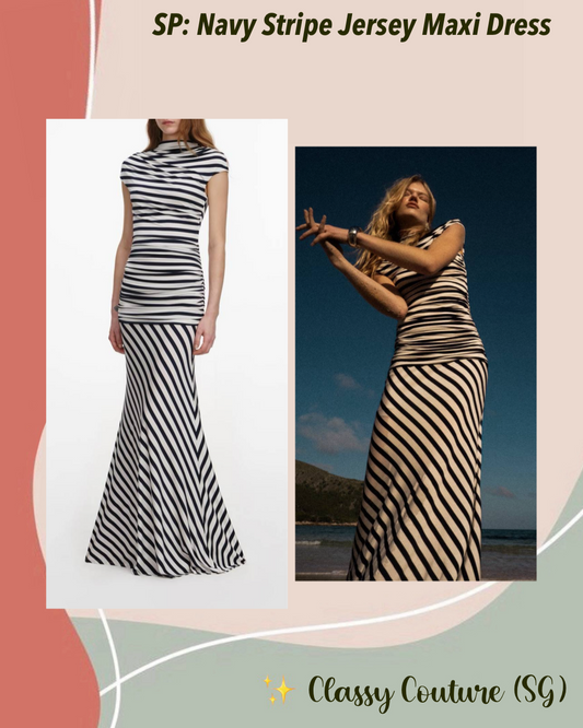 SP Navy Blue Stripe Jersey Short Sleeve Drop Waist Maxi Dress