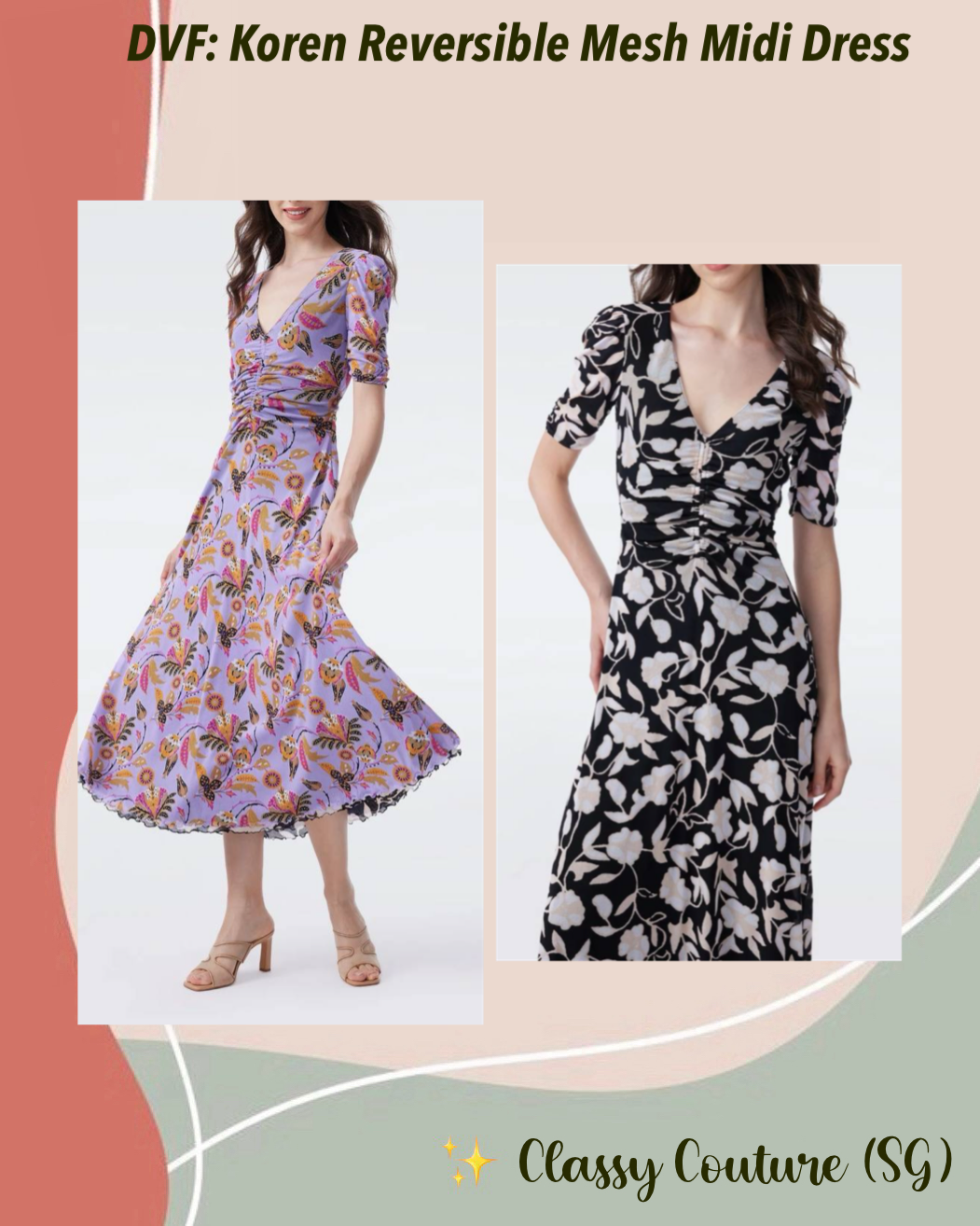DVF Koren Reversible Mesh Midi Dress in REAL TO CHINTZ LILAC/INLAY FLOWER BLACK