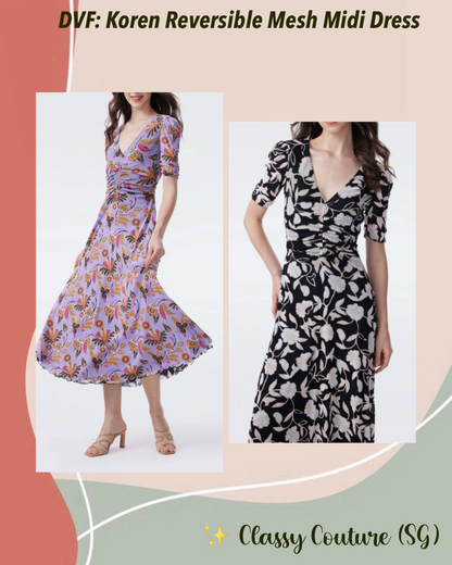 DVF Koren Reversible Mesh Midi Dress in REAL TO CHINTZ LILAC/INLAY FLOWER BLACK