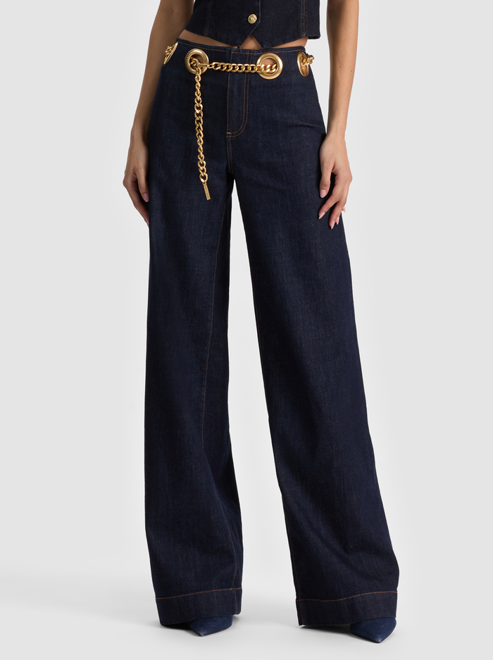 AO Jasper Cotton-blend Mid-Rise Jean with Chain Belt in Dark Rinse