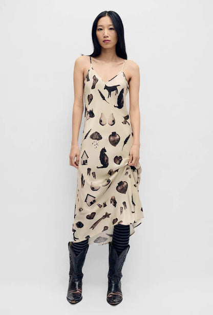 SL 90S Silk Slip Midi Dress in Fields | Apple Green | Miracles Hazelnut