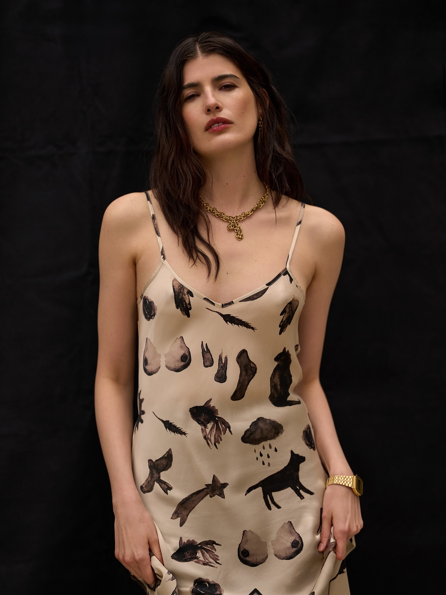 SL 90S Silk Slip Midi Dress in Fields | Apple Green | Miracles Hazelnut