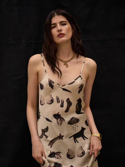 SL 90S Silk Slip Midi Dress in Fields | Apple Green | Miracles Hazelnut