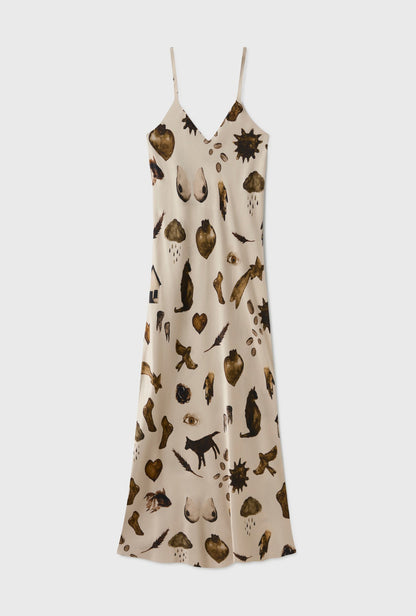 SL 90S Silk Slip Midi Dress in Fields | Apple Green | Miracles Hazelnut