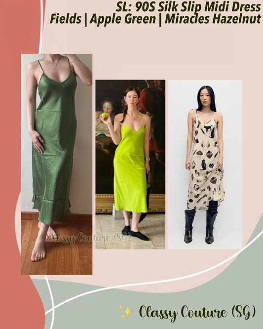 SL 90S Silk Slip Midi Dress in Fields | Apple Green | Miracles Hazelnut