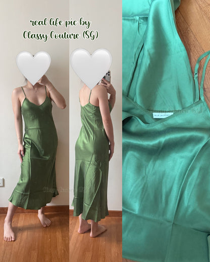 SL 90S Silk Slip Midi Dress in Fields | Apple Green | Miracles Hazelnut