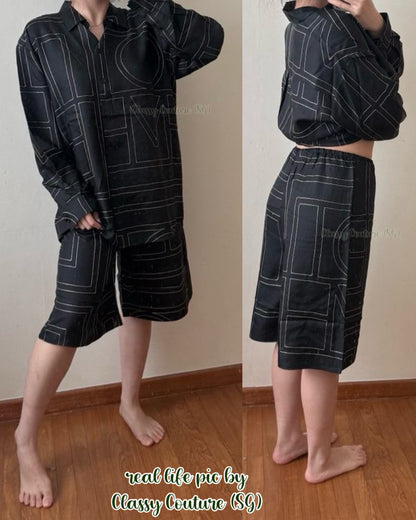 Tot Classic Monogram Embroidered Silk Satin Long Shirt | Bermuda Culottes Shorts | PJ Set