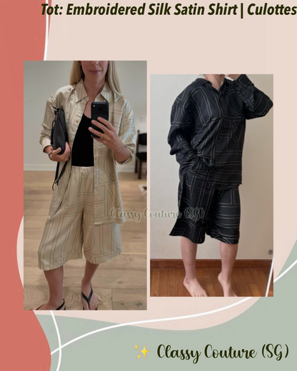 Tot Classic Monogram Embroidered Silk Satin Long Shirt | Bermuda Culottes Shorts | PJ Set