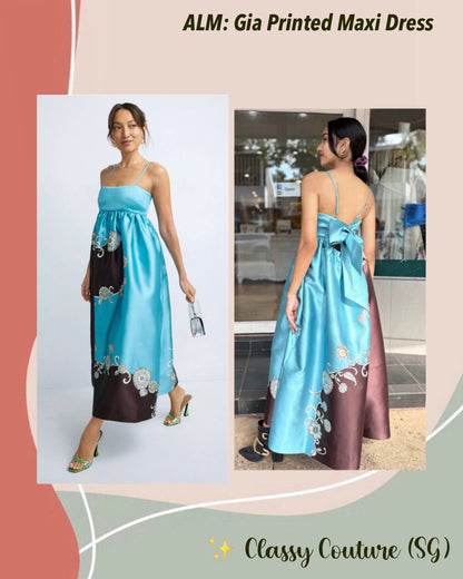 ALM Gia Printed Maxi Dress Sundress with Back Ribbon Bow Tie