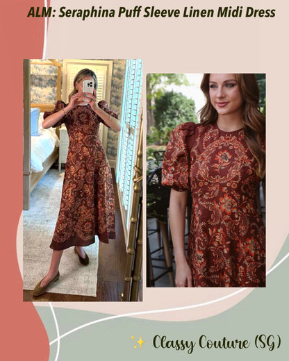 ALM Seraphina Printed Puff Sleeve Linen Midi Dress
