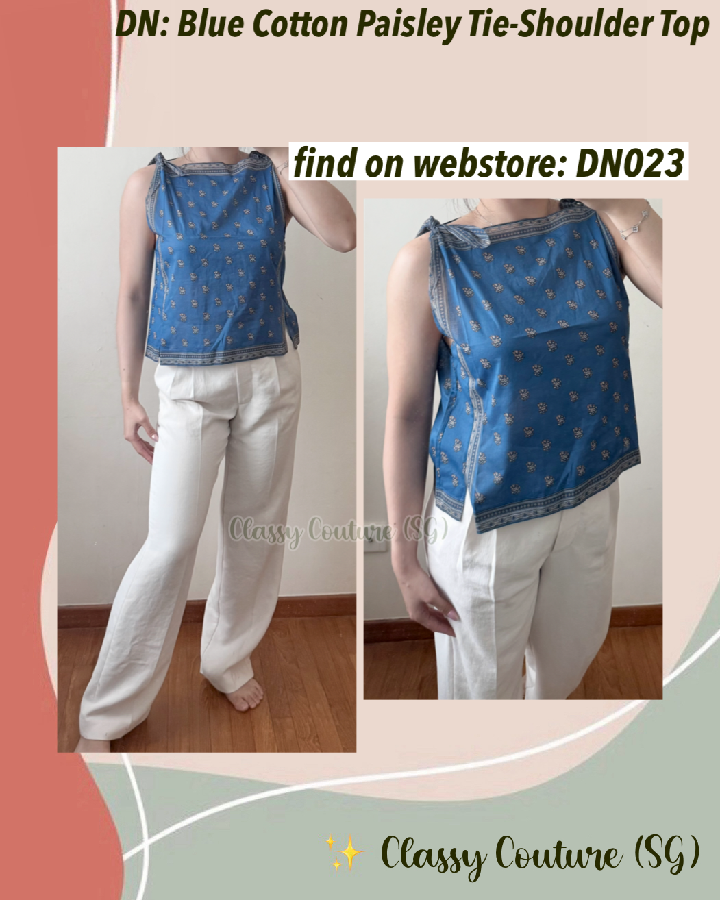 DN023 Blue Cotton Paisley Tie-Shoulder Top