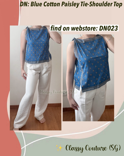 DN023 Blue Cotton Paisley Tie-Shoulder Top