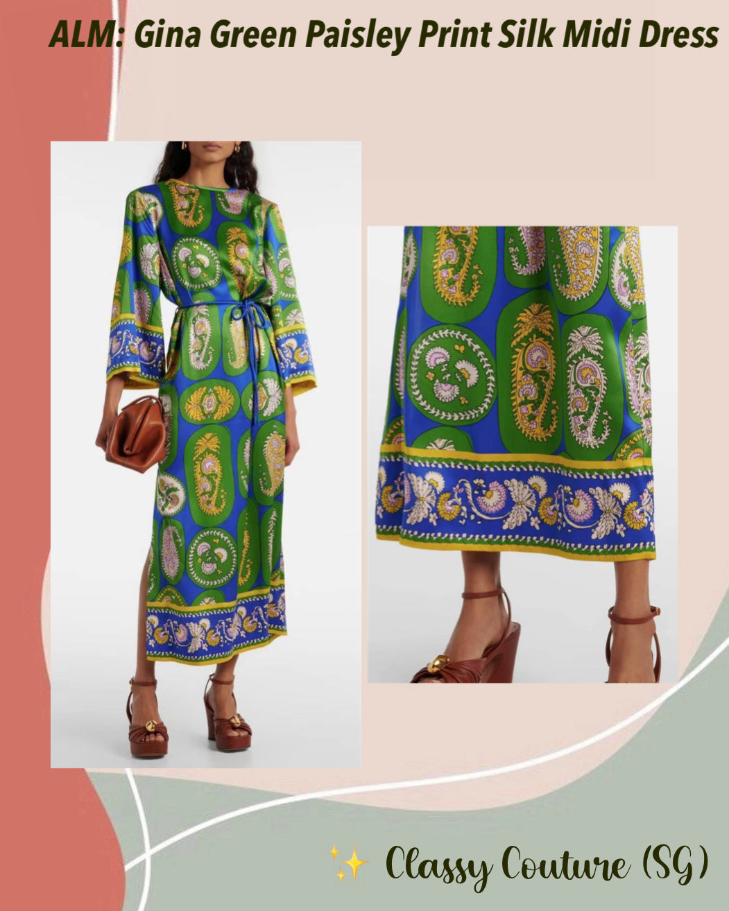 ALM Gina Green Paisley Print Silk Midi Dress